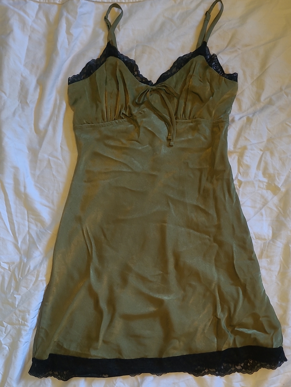 Olive Green Slip Dress with Black Lace Trim
